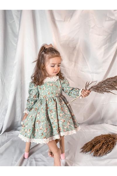 Kız Çocuk Mint Çiçek Vintage Elbise