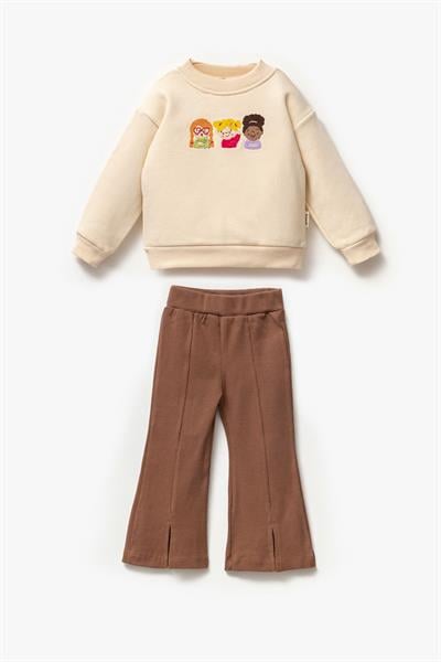 Kız Çocuk Nakışlı Pamuklu Sweatshirt İspanyol Tayt Alt-Üst Takım
