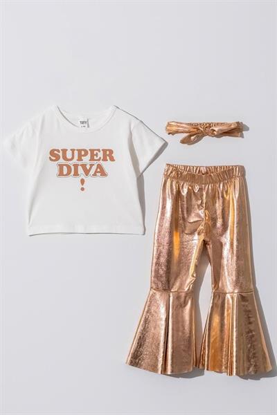Kız Çocuk Pamuklu Crop T-shirt Parlak Gri İspanyol Paça Alt-Üst Takım