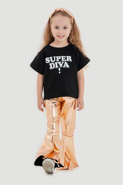Kız Çocuk Pamuklu Crop T-shirt Parlak Gri İspanyol Paça Alt-Üst Takım