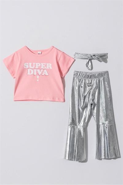 Kız Çocuk Pamuklu Crop T-shirt Parlak Gri İspanyol Paça Alt-Üst Takım