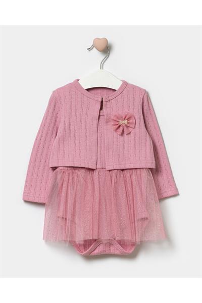 Kız Çocuk Pembe Kurdela Desenli Pamuklu Çıtçıtlı Ceketli Elbise