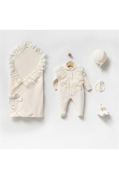 Nipperland Krem Elegans Naturel Pamuk Kız Bebek Triko Hastane Çıkış Seti