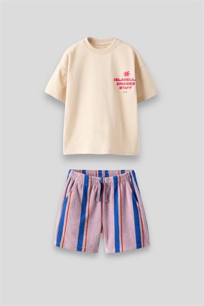 Unisex Çocuk Ekru Çizgili Desenli Pamuklu T-shirt Şort Alt-Üst Takım