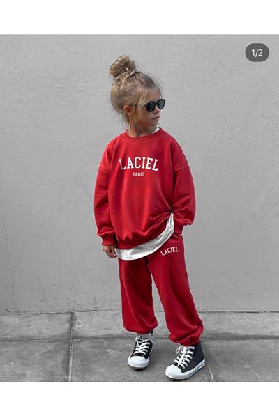 Unisex Çocuk Slogan Desenli Pamuklu Sweatshirt Eşofman Tayt Alt-Üst Takım