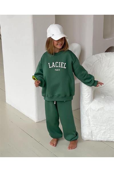 Unisex Çocuk Slogan Desenli Pamuklu Sweatshirt Eşofman Tayt Alt-Üst Takım