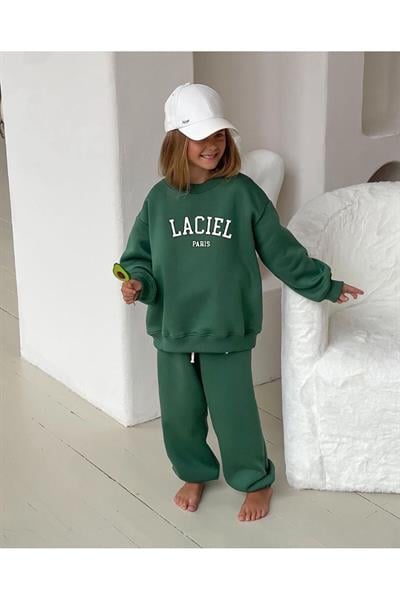 Unisex Çocuk Slogan Desenli Pamuklu Sweatshirt Eşofman Tayt Alt-Üst Takım
