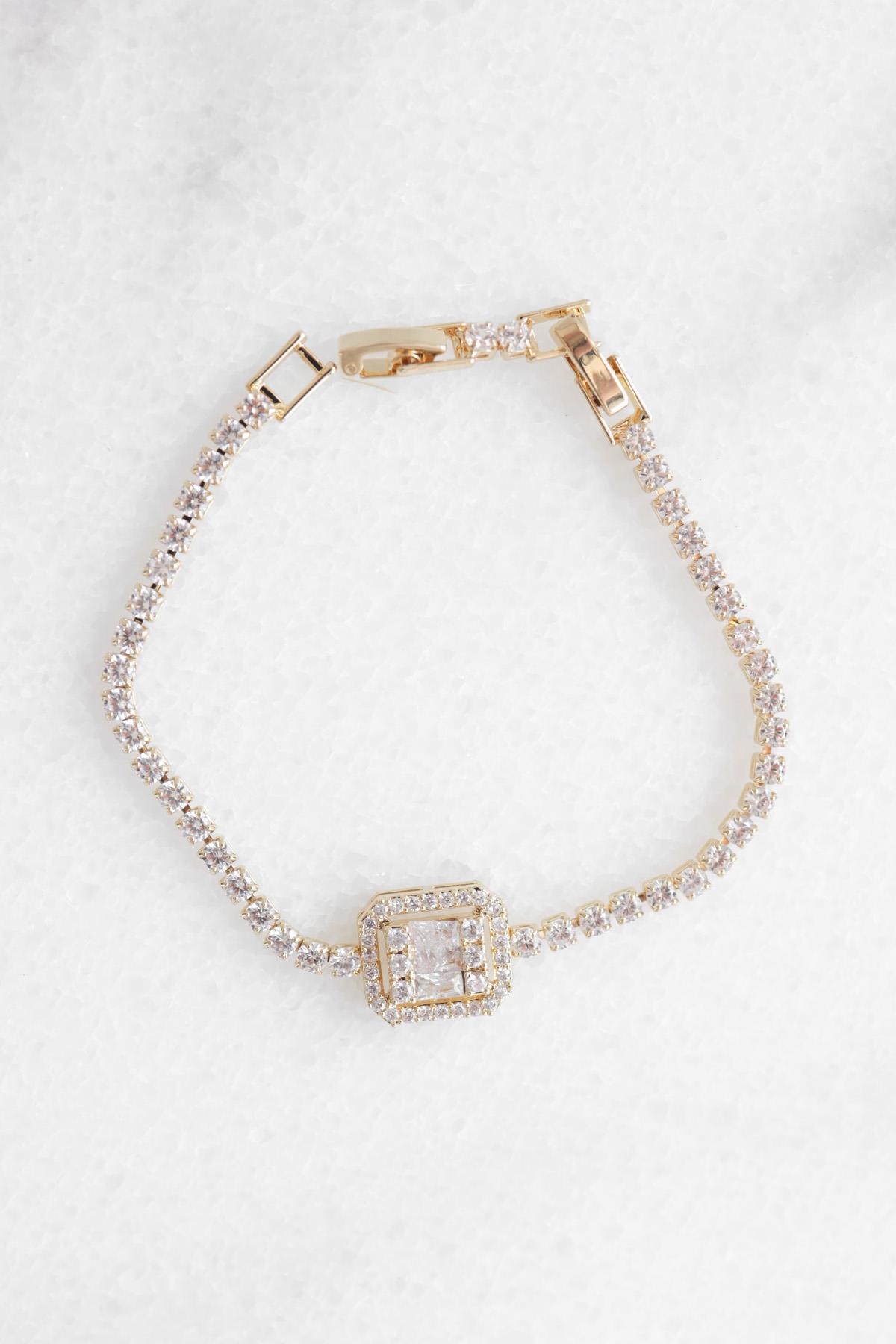 Minimal Kristal Taşlı Gold Şık Bileklik