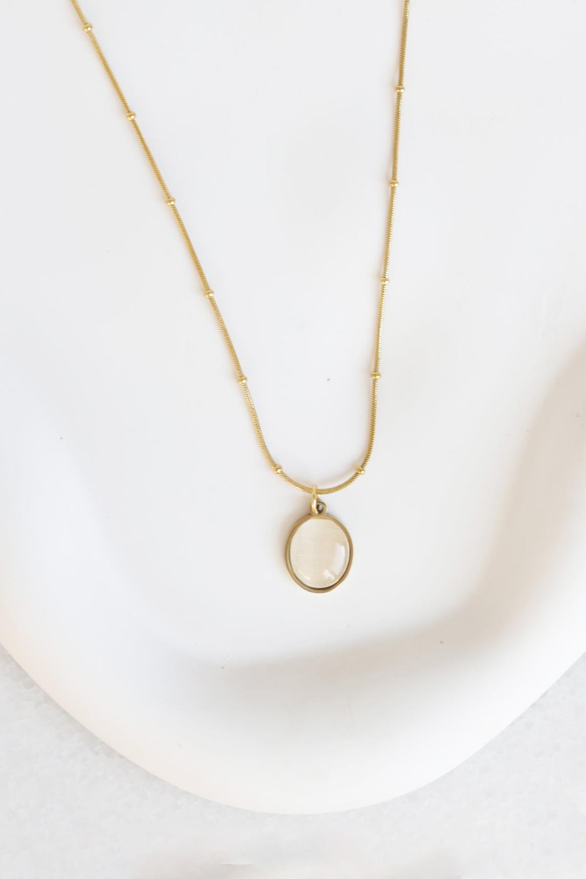 Oval Taşlı Rose Gold Çelik Kolye