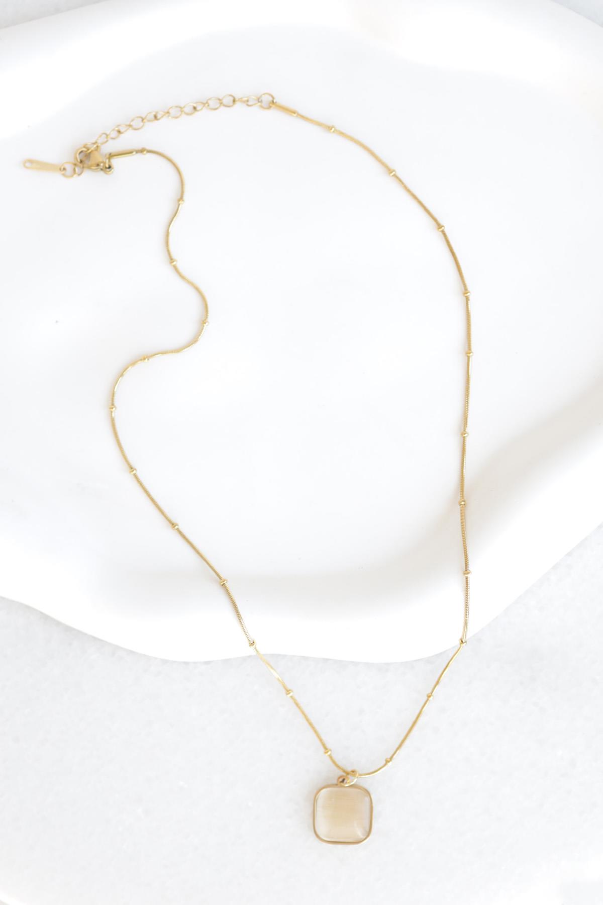 Taşlı Rose Gold Çelik Kolye