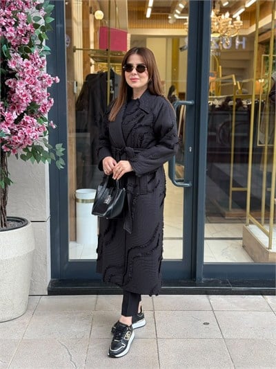 CEREMONY-SİYAH-BELDEN BAĞLAMALI KAPİTONE TRENÇ