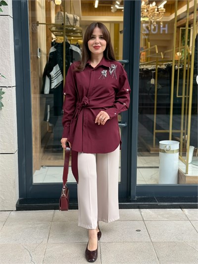 MY312- BORDO KELEBEK DETAYLI GÖMLEK