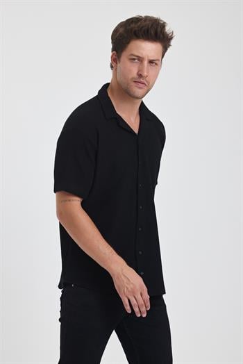 Erkek Pamuklu Esnek Küba Yaka Kısa Kol Gömlek SİYAH