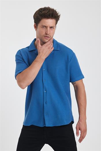 Erkek Pamuklu Esnek Küba Yaka Kısa Kol Gömlek MAVİ