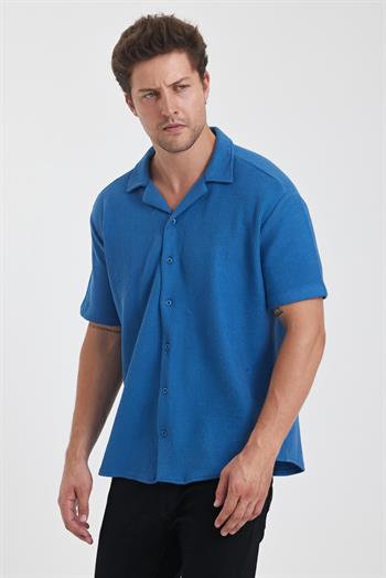 Erkek Pamuklu Esnek Küba Yaka Kısa Kol Gömlek MAVİ