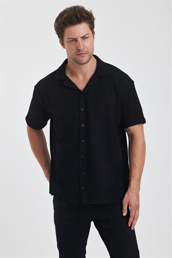 Erkek Pamuklu Esnek Küba Yaka Kısa Kol Gömlek SİYAH