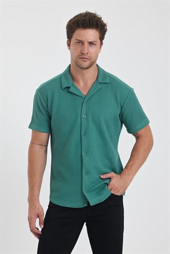 Erkek Pamuklu Esnek Küba Yaka Kısa Kol Gömlek Yosun Yeşili