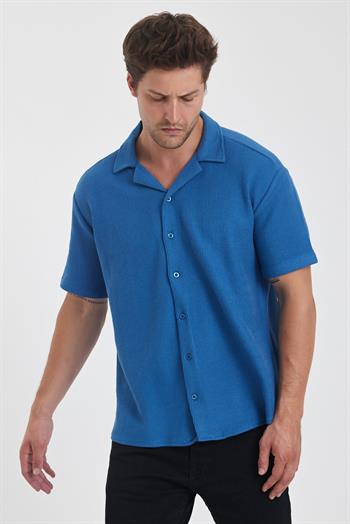 Erkek Pamuklu Esnek Küba Yaka Kısa Kol Gömlek MAVİ