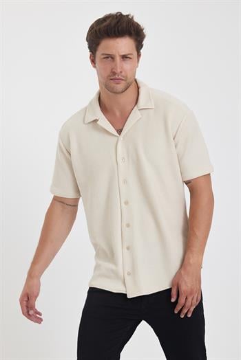 Erkek Pamuklu Esnek Küba Yaka Kısa Kol Gömlek BEJ