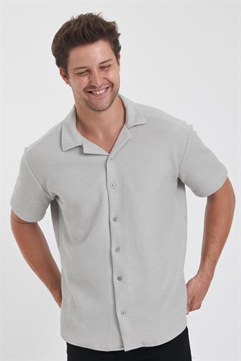 Erkek Pamuklu Esnek Küba Yaka Kısa Kol Gömlek Gri