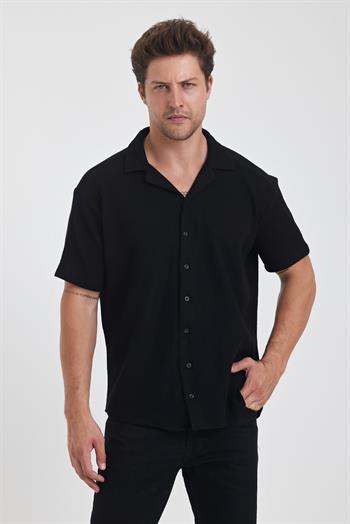 Erkek Pamuklu Esnek Küba Yaka Kısa Kol Gömlek SİYAH