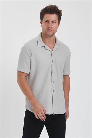 Erkek Pamuklu Esnek Küba Yaka Kısa Kol Gömlek Gri