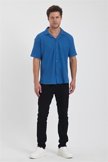Erkek Pamuklu Esnek Küba Yaka Kısa Kol Gömlek MAVİ