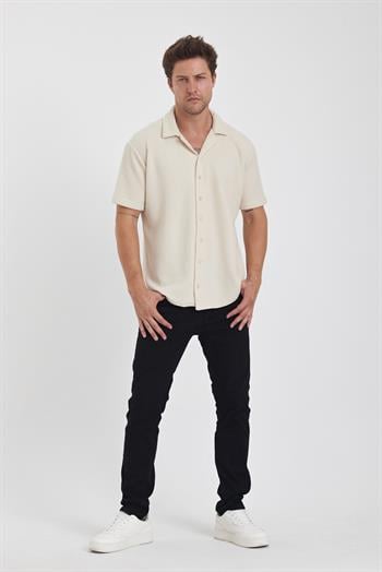 Erkek Pamuklu Esnek Küba Yaka Kısa Kol Gömlek BEJ