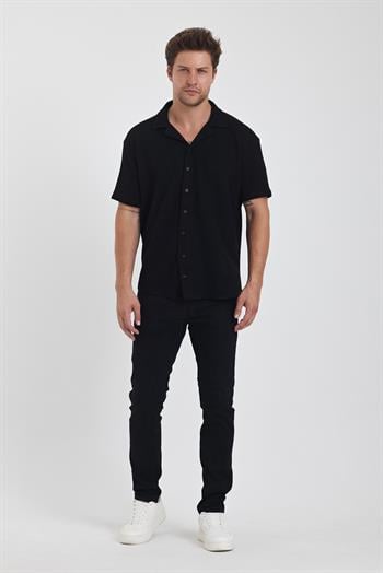 Erkek Pamuklu Esnek Küba Yaka Kısa Kol Gömlek SİYAH