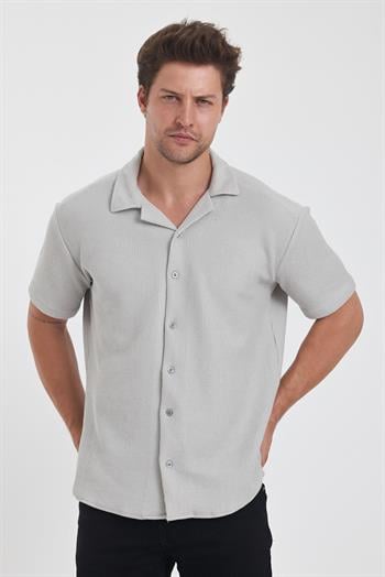 Erkek Pamuklu Esnek Küba Yaka Kısa Kol Gömlek Gri