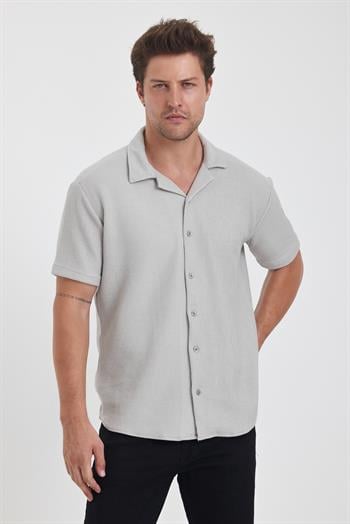 Erkek Pamuklu Esnek Küba Yaka Kısa Kol Gömlek Gri