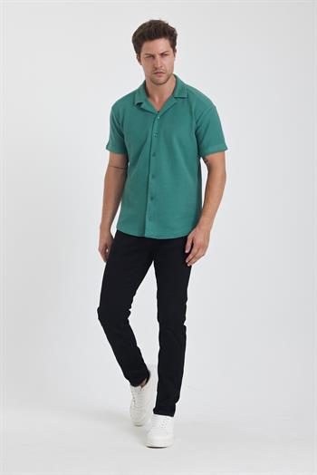 Erkek Pamuklu Esnek Küba Yaka Kısa Kol Gömlek Yosun Yeşili