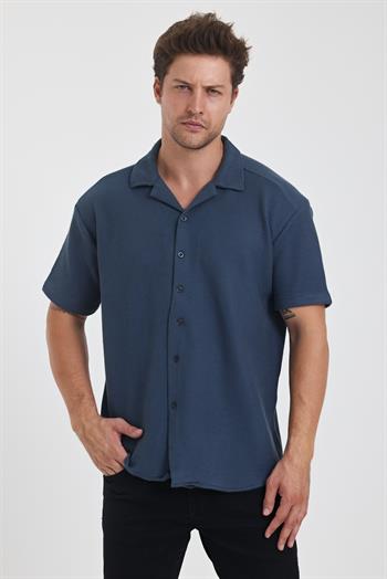 Erkek Pamuklu Esnek Küba Yaka Kısa Kol Gömlek LACİVERT
