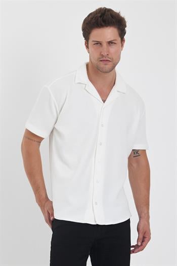 Erkek Pamuklu Esnek Küba Yaka Kısa Kol Gömlek BEYAZ