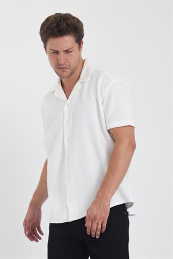 Erkek Pamuklu Esnek Küba Yaka Kısa Kol Gömlek BEYAZ