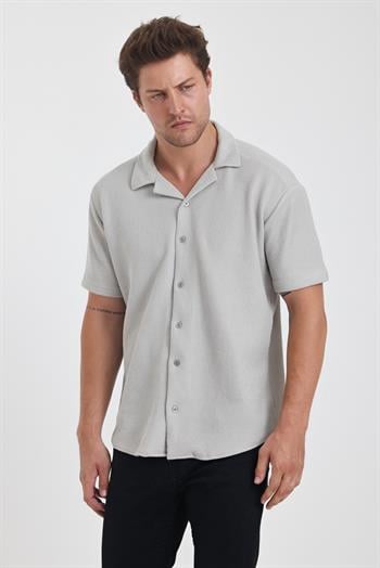 Erkek Pamuklu Esnek Küba Yaka Kısa Kol Gömlek Gri