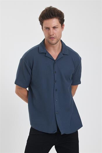 Erkek Pamuklu Esnek Küba Yaka Kısa Kol Gömlek LACİVERT