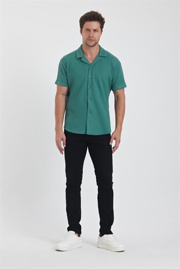 Erkek Pamuklu Esnek Küba Yaka Kısa Kol Gömlek Yosun Yeşili
