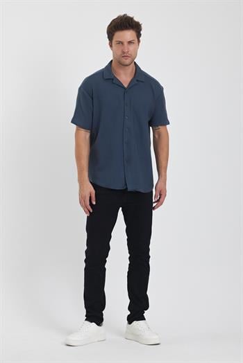 Erkek Pamuklu Esnek Küba Yaka Kısa Kol Gömlek LACİVERT