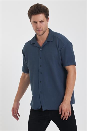 Erkek Pamuklu Esnek Küba Yaka Kısa Kol Gömlek LACİVERT