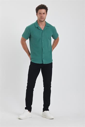 Erkek Pamuklu Esnek Küba Yaka Kısa Kol Gömlek Yosun Yeşili