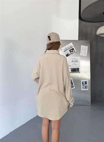 Kadın Bej Keten Gömlek Ayrobin Cepli