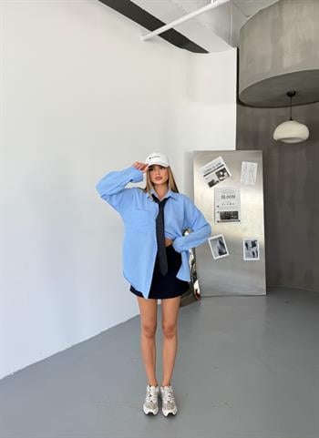 Kadın Gök Mavi Keten Gömlek Ayrobin Cepli