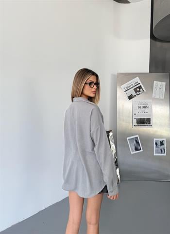 Kadın Gri Keten Gömlek Ayrobin Cepli