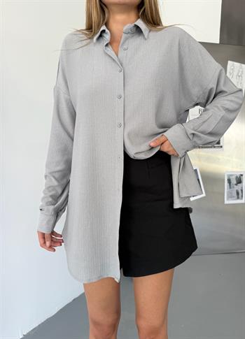 Kadın Gri Keten Gömlek Ayrobin Cepli