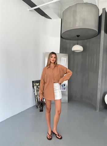 Kadın Karamel Keten Gömlek Ayrobin Cepli