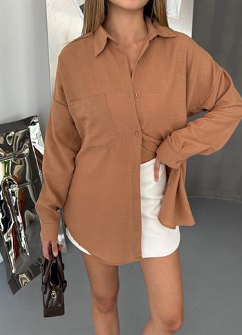 Kadın Karamel Keten Gömlek Ayrobin Cepli