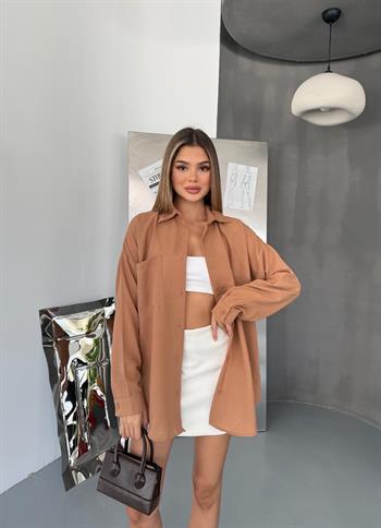 Kadın Karamel Keten Gömlek Ayrobin Cepli