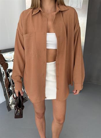 Kadın Karamel Keten Gömlek Ayrobin Cepli