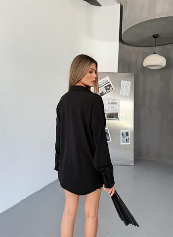 Kadın Siyah Keten Gömlek Ayrobin Cepli